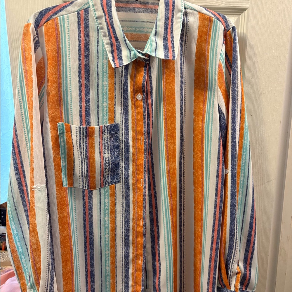 Multicolor Striped ladies button Shirt with button up sleeves.